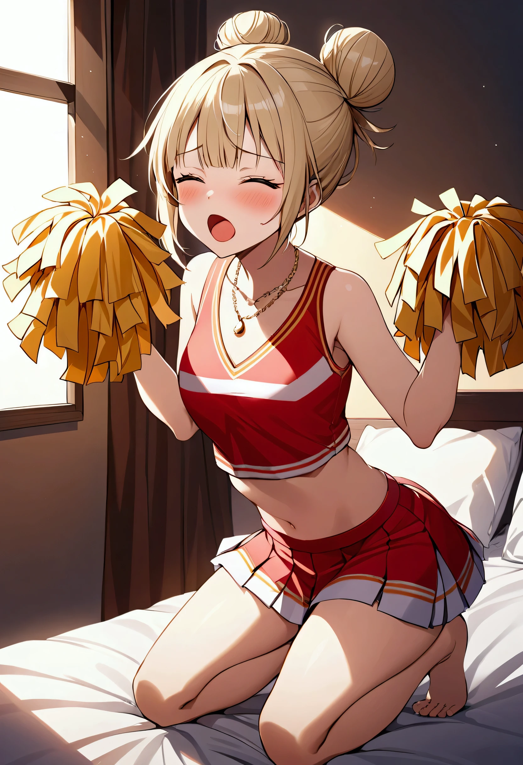 cheerleader ,  yawning with eyes closed , bun hair style , wearing necklace, on bed, kneeling with butts up, himiko toga, 