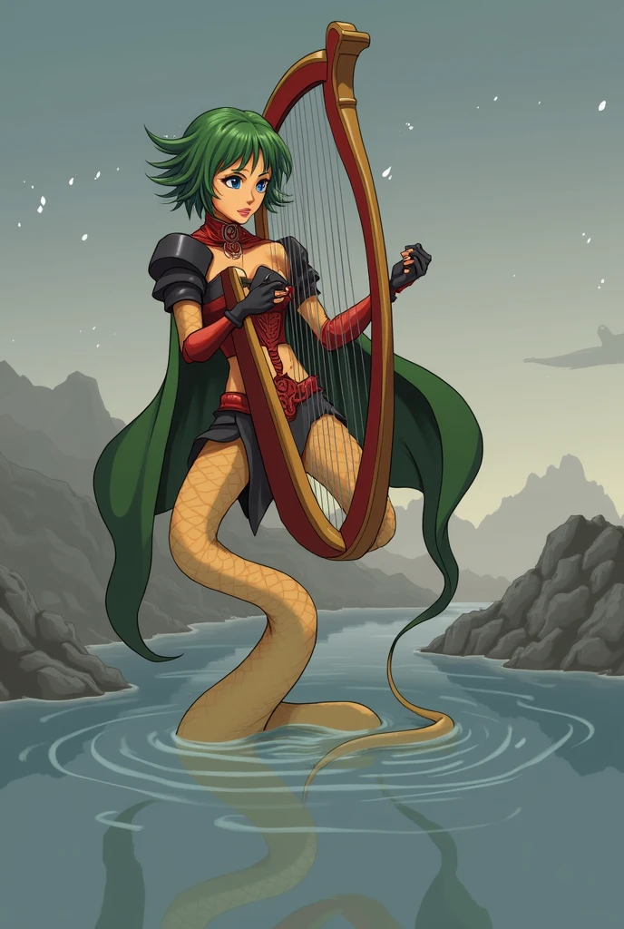 Anime cartoon style, snake woman, snake legs, armor red and black, cape green, playing harp, green hair, short hair, beautiful face, orange skincolor, fantasy, medieval, mitological, singing
