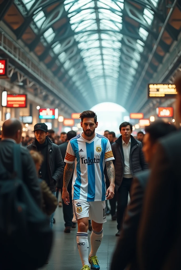 Messi in a Railway station surrounding by many people 