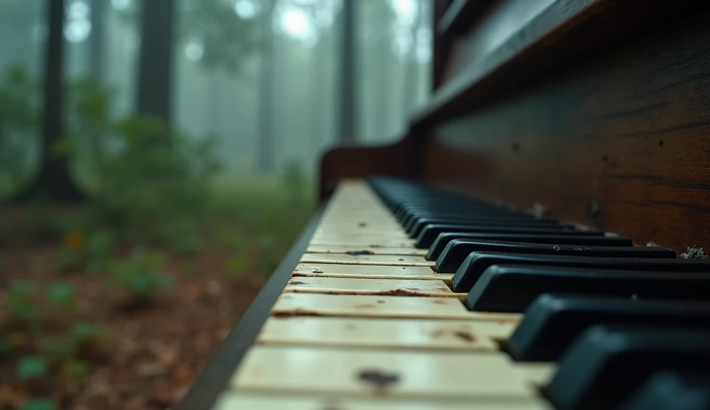 closeup of piano keys on an upright piano, in a forest clearing, foggy, naturalistic lighting, depth of field, cinematic