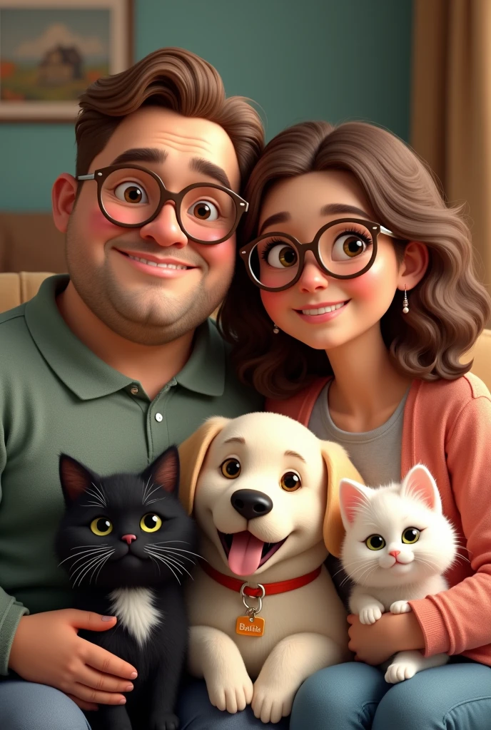 Create a family image where a couple comes, the fat man with glasses, a little light brown, combed to one side, along with her female partner a little chubby with curly brown hair with medium skin tone with round glasses Along with a white Labrador dog with a small tag with the name Bonnie also a big fat black cat with a white spot on the middle of her face down to her belly with a tag with the name Micharda and another small white kitten with a tag with the name Kitty