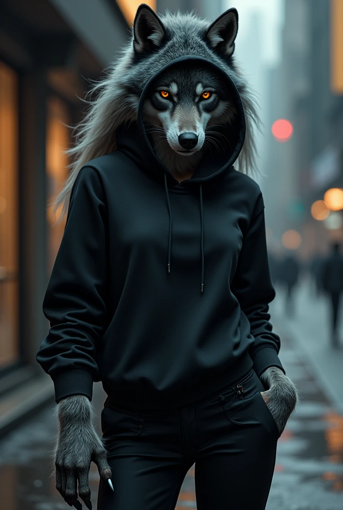 An anthropomorphic she-wolf wearing a black hoodie and pants