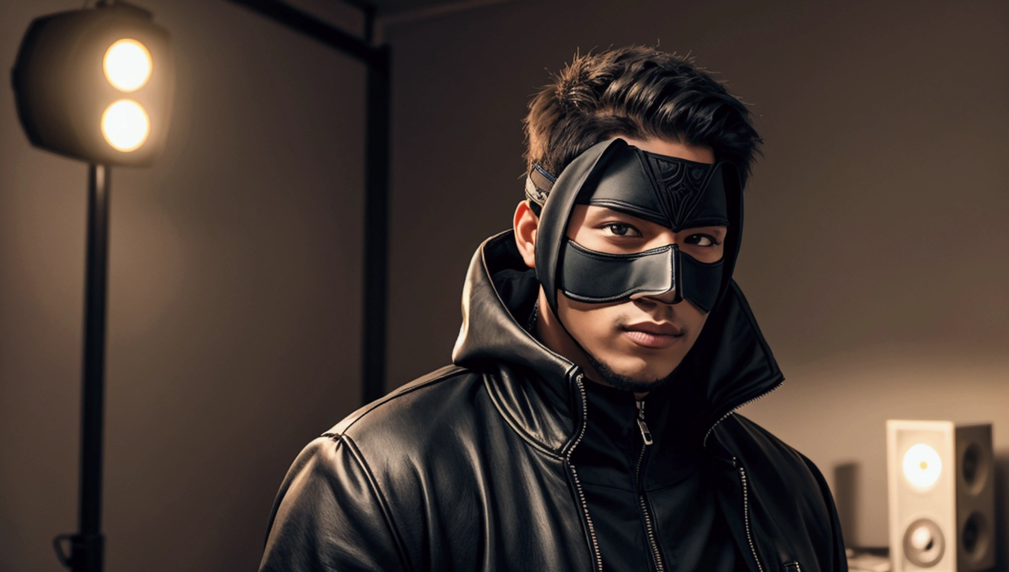 Create a masked MALE rap singer POSING FOR A PHOTO