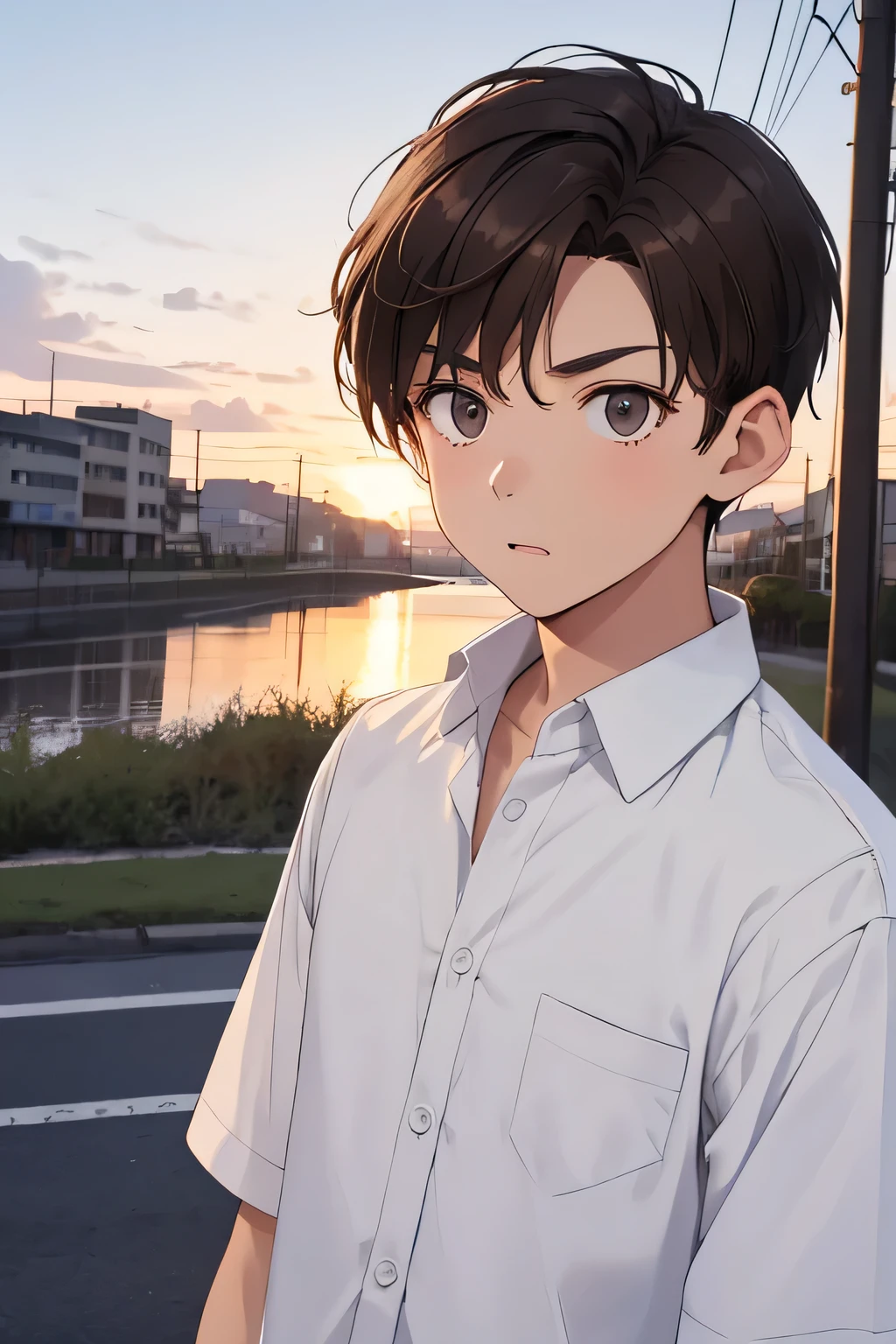 until, high quality, alone boy, chest up take, Dark brown hair, short on the sides, fringe on one side, surprised look, mouth open and eyebrows raised in surprise, mirando hacia alguna puntil del suelo, He wears a white shirt, background, the evening sky,