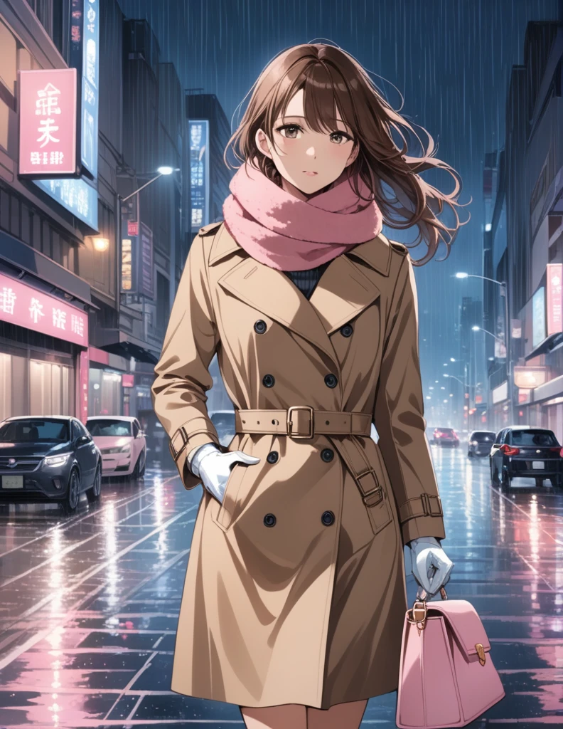 Masterpiece, hd, 1girl with long brown hair wearing a fully buttoned up closed and beige belted buckle knee-length trench coat with by a tucked up large pink winter wool scarf and white gloves carrying her large pink purse blown by the hard wind at the hard rainy night city street full body 8k)