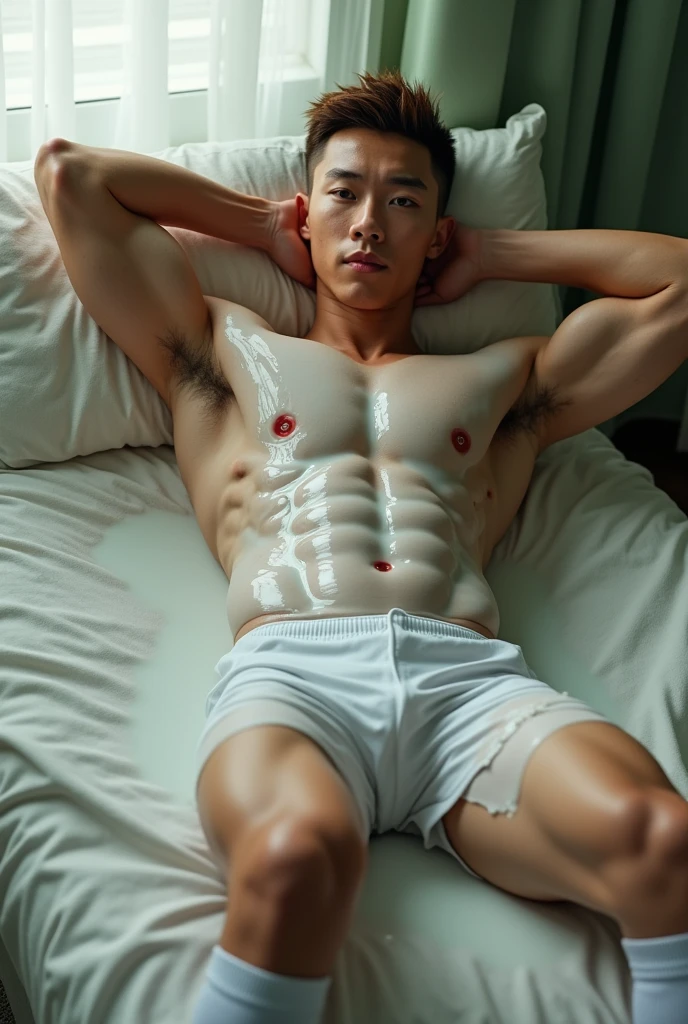 A very (WET) athletic young Japanese in early twenties with a tattoo, 2 (full body), light white pale skin tone, short undercut brown hair, cute face, ASIAN MALE, big smooth bulging rounded pecs manboobs, hands at the back of his head, detailed face, HD, 8k, ultra high resolution, high quality, photorealistic, realistic, ultra detailed, oily body, lying down in the bed while spreading legs wide open, big torso body, ((covered in thick white milk in the chest)), wearing a white GREEN BAY PACKERS NFl football jersey suit outt and long white socks, huge penis, cock, no pants, naked crotch
