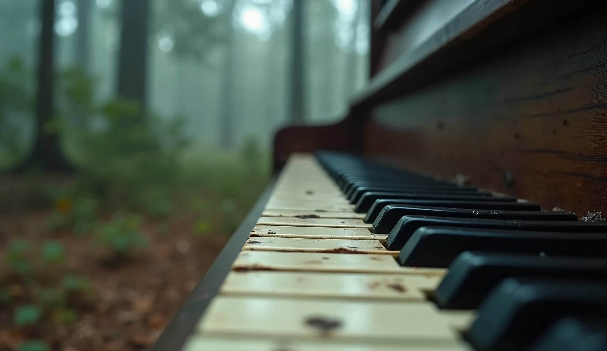 closeup of piano keys on an upright piano, in a forest clearing, foggy, naturalistic lighting, depth of field, cinematic