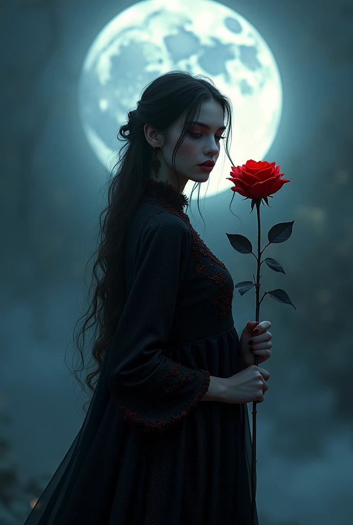 Picture a mysterious, beautiful girl standing beneath a luminous full moon. She holds a dark red rose with petals that seem to shift from vibrant crimson to deep black at the edges. The moonlight casts a soft, magical glow on her, highlighting her enigmatic expression and adding a touch of elegance to the scene. Her attire, a blend of dark and shimmering fabrics, complements the rose and the moon’s ethereal light. The background is a blend of twilight blues and gentle silver, creating an air of intrigue and allure.