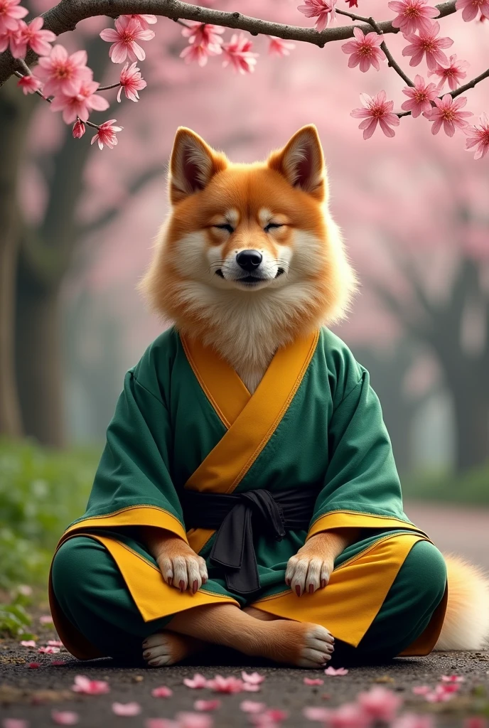 A Finnish Spitz. Wearing a Green, Yellow and Black martial arts robe. Meditating by a cherry tree. 