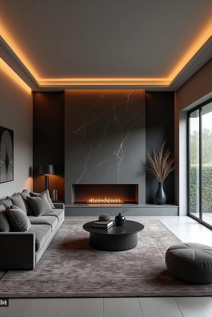 Professional 3d architecture rendering design of modern  living room with so  and very  dark  stone  floranca velvet sofa  set and medium  flouting  dark gray marble fireplace and  light gray laminate and elegant and modern accessories and modern windows and black slab stone middle table and elegant and modern  ceiling lighting and elegant accessories and elegant  dark  silk gray Persian carpet and elegant  and modern ceiling lighting 