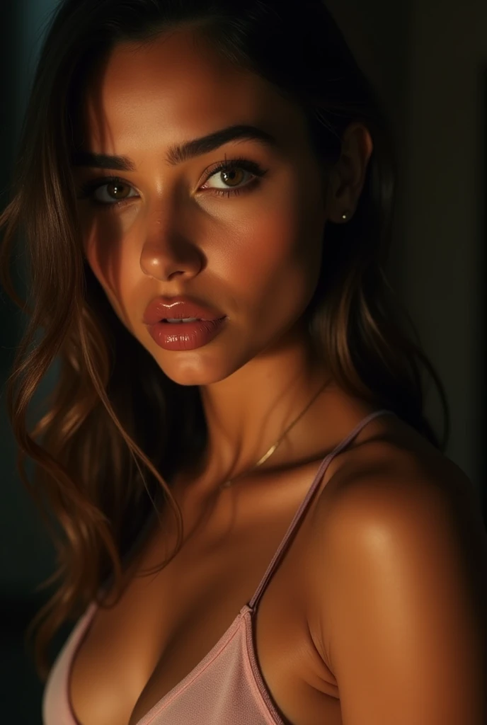 instagram photo, closeup face photo of 23 y.o Fernanda, Slender-Athletic body shape, athletic , micro bikini, cleavage, puffy nipple, sun tanned skin, (smile:0.4), hard shadows, glossy lips, lascivious, lewd, hot, licking good, oily skin
