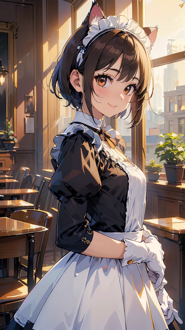 masterpiece, best quality, absurdres, score_9, score_8_up, score_7_up, source_anime, 1girl, deep brown eyes, room, wariza, medium hair, pixie bob haircut, black hair, happy face, portrait,, starshadowmagician, solo, Adult woman, best perfect anatomy, Pose with hands tucked behind ears, Cheek resting on hand, cafe, indoors, window, crowd, standing, steam, looking at viewer, cat ears headband, Maid clothes, Long-sleeved, white format gloves, dynamic angle. perfect dynamic composition, upper body, smile, Shooting up close, Shooting from the side, hanging light, ceiling light, Cinematic lighting, potted plant, background: cafe,
