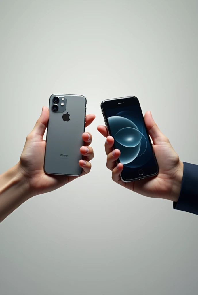 generate an image of an iphone in left hand and android in right hand