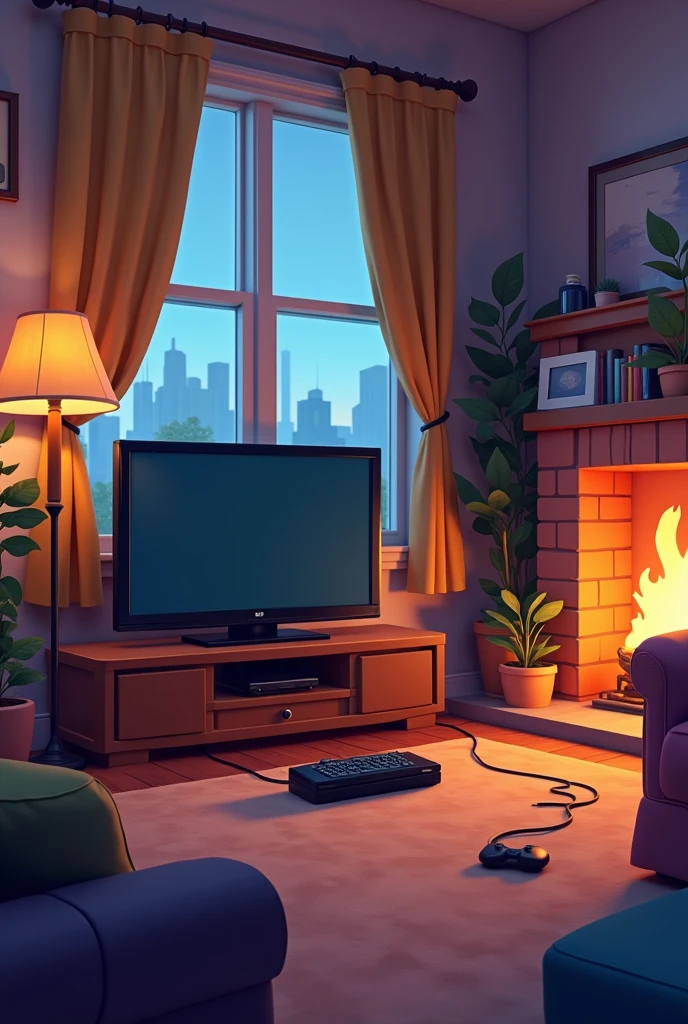 Animated image of an unplugged television and console in the living room


