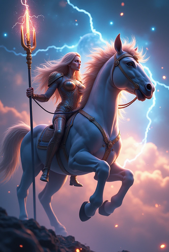 {create a {mighty Centaur(a creature with the head, arms, and torso of a woman and the body and legs of a horse.)} ruling the universe, low angle shot, karol bak uhd, beautiful digital artwork, centaurin a cosmic armor suit , 8k highly detailed digital art, digital art fantasy, digital art fantasy art, gorgeous digital art, digital fantasy art ), detailed fantasy digital art, digital fantasy art, beautiful sci fi art, vibrant luminescent epic surreal nebula scenery, closed mouth, depth of field, eyelashes, glowing, jewelry, light particles, lips, nose, planet, profile, realistic, long flowing hair, holding lightning trident solo, space, full body} seen under magnifying glass
