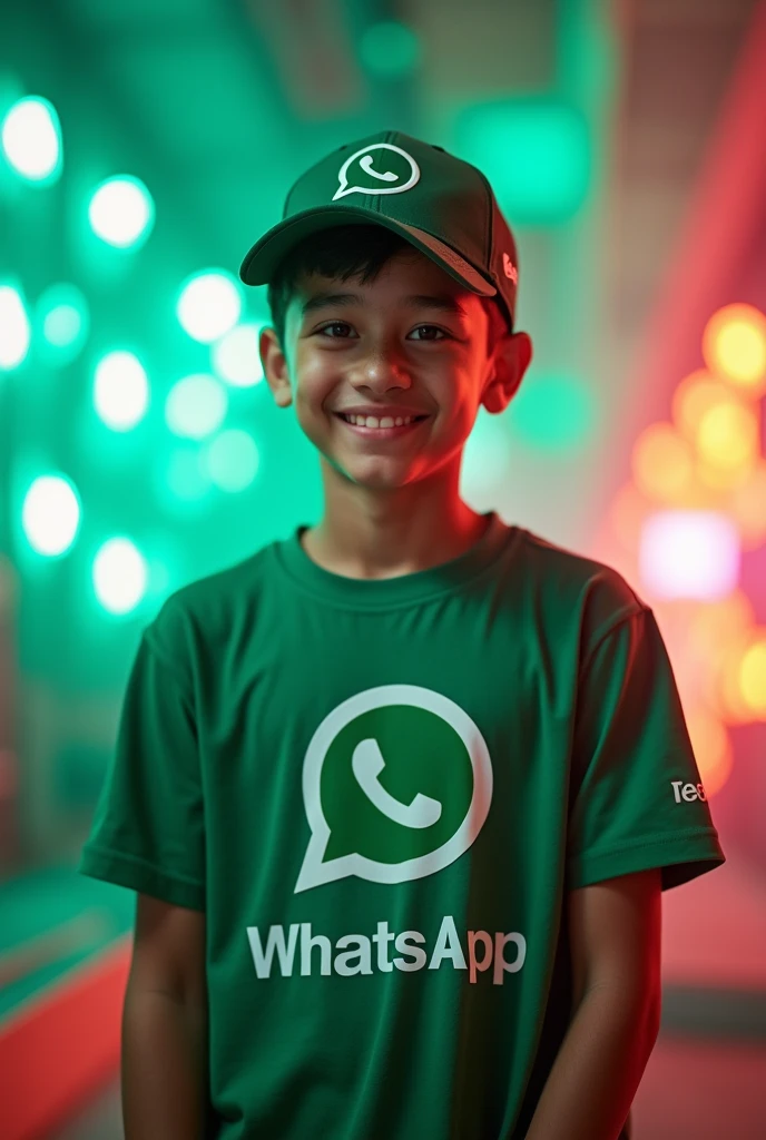 Create a profile picture of a person with a WhatsApp shirt and a WhatsApp cap, add an eye-catching background 