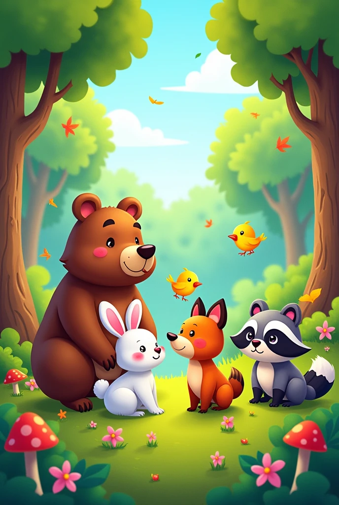 Create a cartoon where there is a brown bear , a white rabbit, four little birds, A little fox and a family of raccoons in a forest