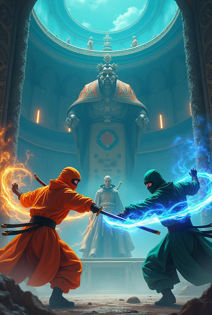 make a picture of two ninja clans of different colors fighting in an arena inside a ninja temple, based on the color orange, green and blue. . all with anime-like drawing style. and in the middle of the image with modern letters and lights, put the words Arena Underground. can make it look like a tournament is going on, an emperor in the middle looking. may have spells and the name in the middle has capital letters, that each ninja has only 1 sword and that it is in the ninja's hand and in the other hand that magic is coming out