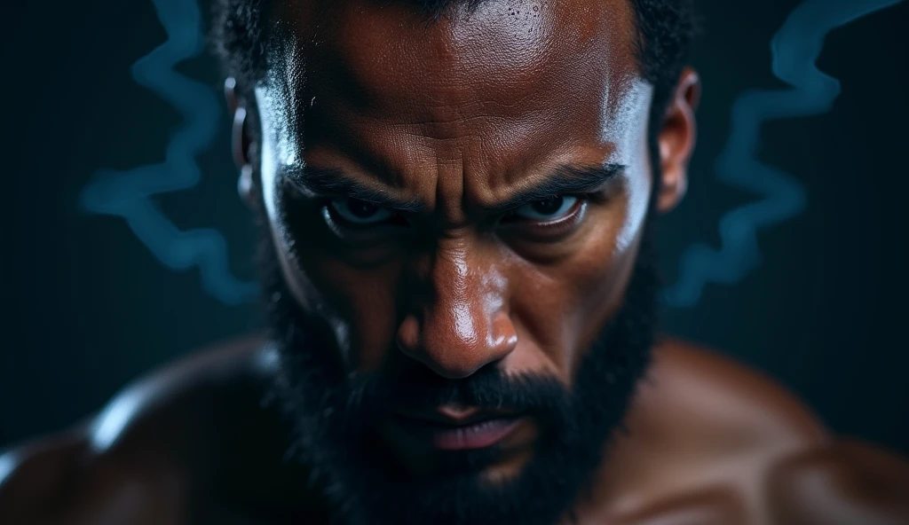 "Create a powerful and intense image for a motivational . The image should feature a close-up of a person's face showing intense determination and focus, with furrowed brows and piercing eyes. The background should be a dramatic and contrasting dark color, such as deep blue or black, to make the subject's expression stand out. Include dynamic elements like a subtle lightning bolt or burst of energy around the person's head to symbolize inner strength and power. The person should have beads of sweat on their forehead, indicating hard work and perseverance. The overall tone of the image should be bold, dramatic, and inspiring, conveying a sense of overcoming challenges and unleashing inner potential."