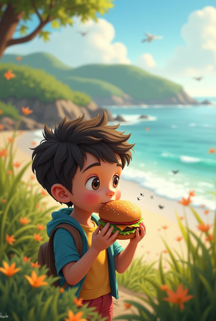 A boy eats a burger while enjoying the beauty of nature near the beach