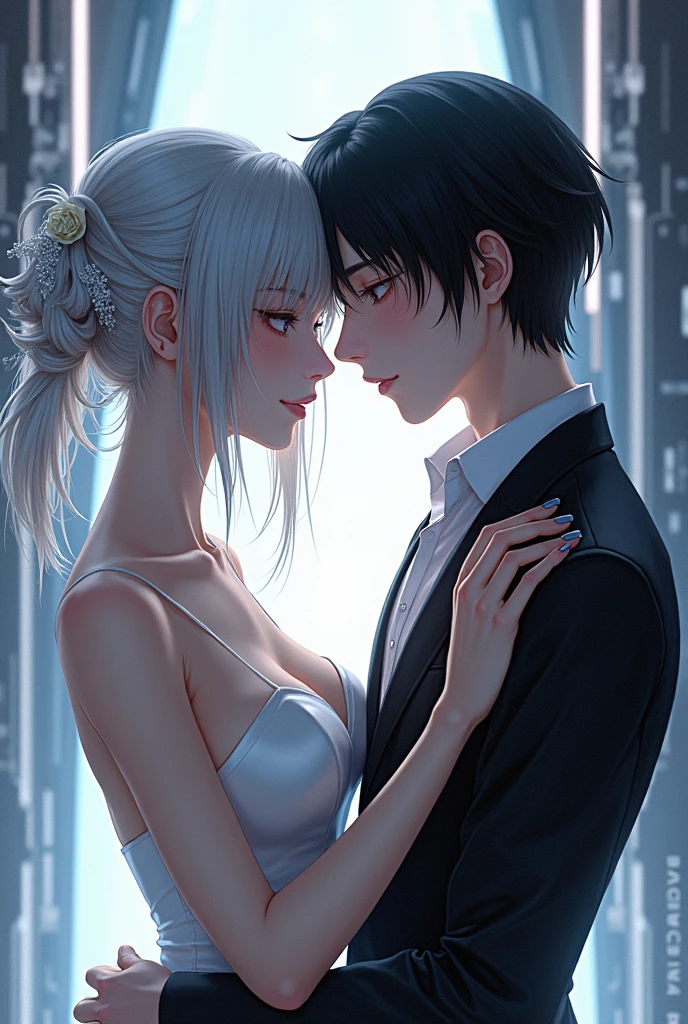 Sanakan and Cibo from Blame! Manga in a wedding dress), (sci-fi theme) suit black hair, dress striking silver hair, Futuristic atmosphere Emphasizes radiance pure atmosphere Intricate The look in their eyes and his hand touching the ends of her hair. Intimate and romantic atmosphere Highly detailed, exceptionally detailed, cinematic quality, emotionally charged scenes.