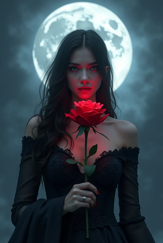 Picture a mysterious, beautiful girl standing beneath a luminous full moon. She holds a dark red rose with petals that seem to shift from vibrant crimson to deep black at the edges. The moonlight casts a soft, magical glow on her, highlighting her enigmatic expression and adding a touch of elegance to the scene. Her attire, a blend of dark and shimmering fabrics, complements the rose and the moon’s ethereal light. The background is a blend of twilight blues and gentle silver, creating an air of intrigue and allure.
