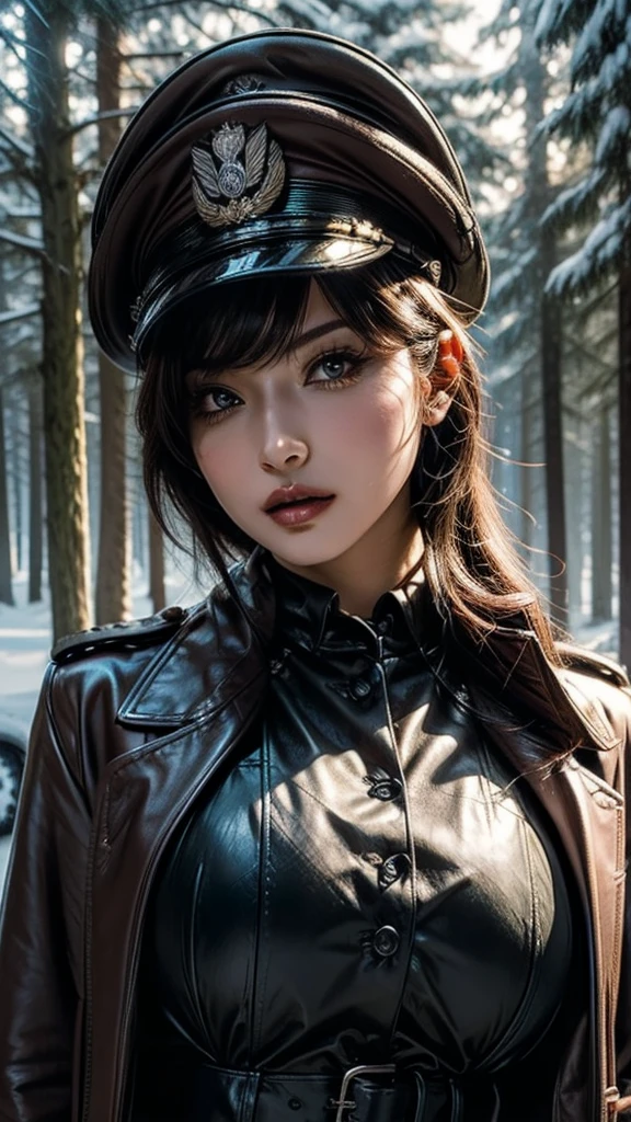 ((Beautiful Face:1.0)),((Upper Body:1.4)),beautiful ((similar)) Lilith Building posing in (Dynamic pose) As a dieselpunk army officer in World War II, Wearing a black leather uniform 、Wearing a leather military cap, Reference Photo, 最high quality, high quality, (Detailed face and eyes), dusk lighting,, Heavy makeup, industrial use, outdoor snow forest background ((close))