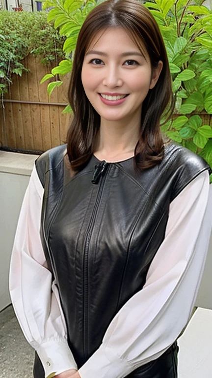 最high quality, 8k, Vibrant, Sharp focus, high quality, High resolution, Middle-aged women, Mature Woman, 5, (Whole Body Ezbian), (High heels face detail, Highly detailed eyes, Plump figure、Plump face、((big 1.6))、(((Large Breasts)))、((Black leather clothing))、garden、Random Hairstyles、A kind smile、