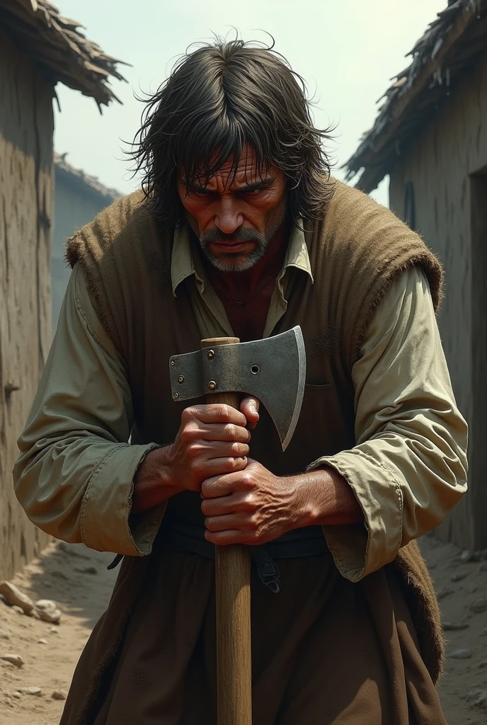 I want the image of a peasant crying with an axe in his hand