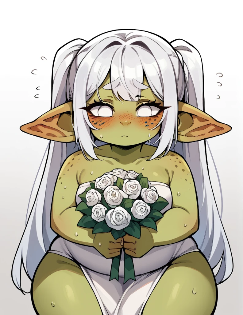 A goblin ?????? a girl ,stortstack,{{Wearing a white translucent wedding dress}}(white Hair,Double ponytails){Wearing a transparent white veil},bangs(Heavy sweating)Shy expression,blush,Freckles on the face,chubby,white eyes,Wide hips,{Holding bouquet of flowers}{Green Skin}