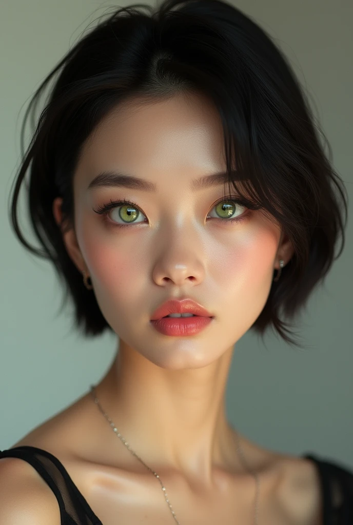A hyper-realistic portrait of a young woman with short, jet-black hair styled in a modern, sleek cut. Her face is beautifully symmetrical, with striking lime-green eyes that are almond-shaped and framed by long, thick lashes. Her nose is slightly upturned, giving her a delicate and refined appearance. She has full, naturally pink lips, which are perfectly shaped, and her cheeks have a soft, rosy hue that enhances her youthful glow. The lighting is soft, illuminating her flawless skin and highlighting the contours of her face, giving her an alluring and captivating presence