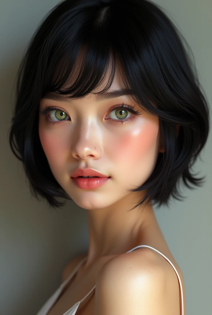 A hyper-realistic portrait of a young woman with short, jet-black hair styled in a modern, sleek cut. Her face is beautifully symmetrical, with striking lime-green eyes that are almond-shaped and framed by long, thick lashes. Her nose is slightly upturned, giving her a delicate and refined appearance. She has full, naturally pink lips, which are perfectly shaped, and her cheeks have a soft, rosy hue that enhances her youthful glow. The lighting is soft, illuminating her flawless skin and highlighting the contours of her face, giving her an alluring and captivating presence