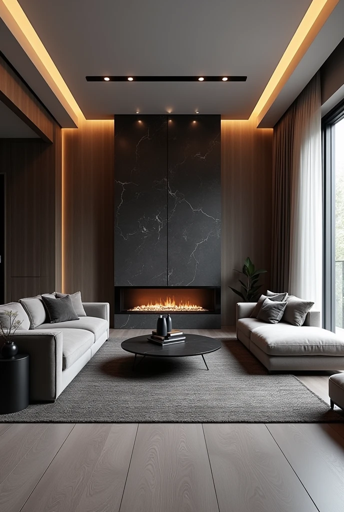 Professional 3d architecture rendering design of modern  living room with so  and very  dark  stone  floranca velvet sofa  set and medium  flouting  dark gray marble fireplace and  light gray laminate and elegant and modern accessories and modern windows and black slab stone middle table and elegant and modern  ceiling lighting and elegant accessories and elegant  dark  silk gray Persian carpet and elegant  and modern ceiling lighting 