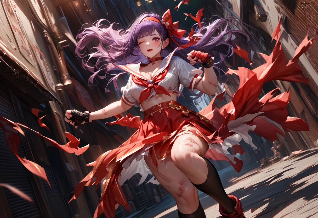 (best quality, masterpiece), very aesthetic, absurdres, high res, detailed face, realistic, Ray Tracing, 1girl, AthenaKOFXIV, red hairband, hair ribbon, purple hair, red choker, serafuku, pearl (gemstone), short sleeves, red skirt, fingerless gloves, medium breasts, cleavage, black thigh-highs, white panties, frilled bra, textured skin, (injury skin, scar skin, bleeding skin), (Exploding Clothes, torn clothes, cloth pieces, torn skirt:1.25), BREAK rating_questionable, sit, knees up, (one eye Closed), tears, sigh, blush, sweat, saliva trail, wind lift, (outdoors, alley), cinematic lighting, diffraction spikes, three quarter view, Panty shot,