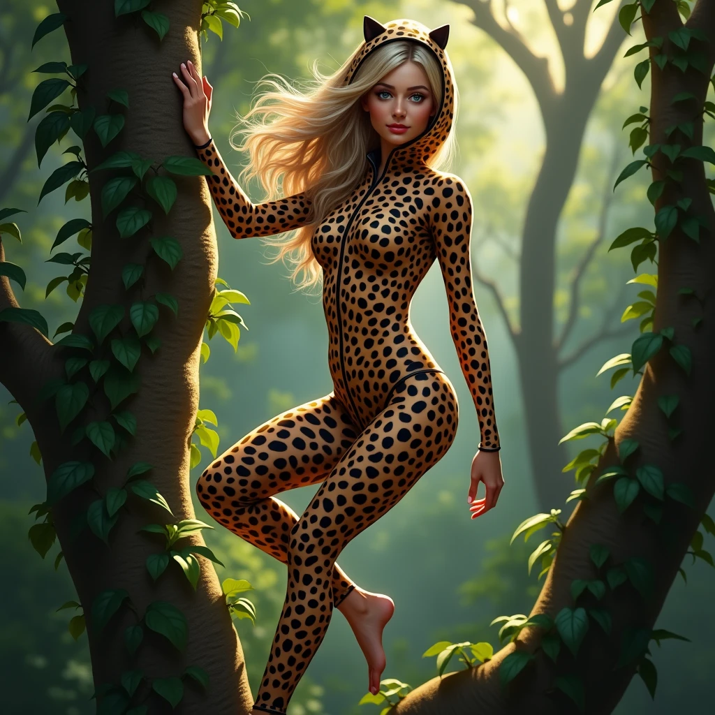 the cute,slender thin and handsome jumgle ager beatifull woman 30 anos hair blond eyes blue with beautiful cheeks wears leopard print lycra turtleneck unitard catsuit covered with black seamless spots and always wear leopard colour print lycra elastane stretchy dance wear hood covered with leopard seamless spots.He climbs a tree in the forest.