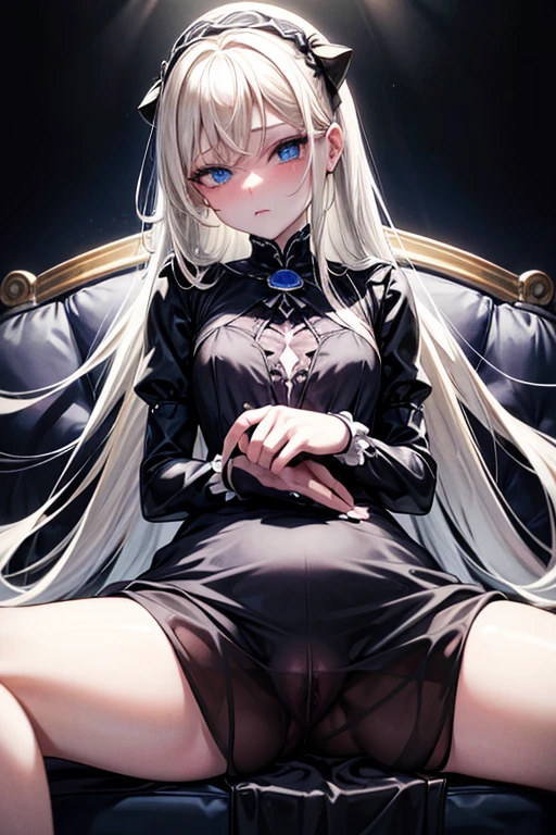 Immobile ball-jointed doll girl, mannequin, machine, black dress, white blonde, long hair, blue eyes, sitting on a sofa, Middle Ages, dark mansion, translucent white skin, sexual, legs spread, wet vagina spread with fingers, small breasts, masturbation, semen, BUKKAKE