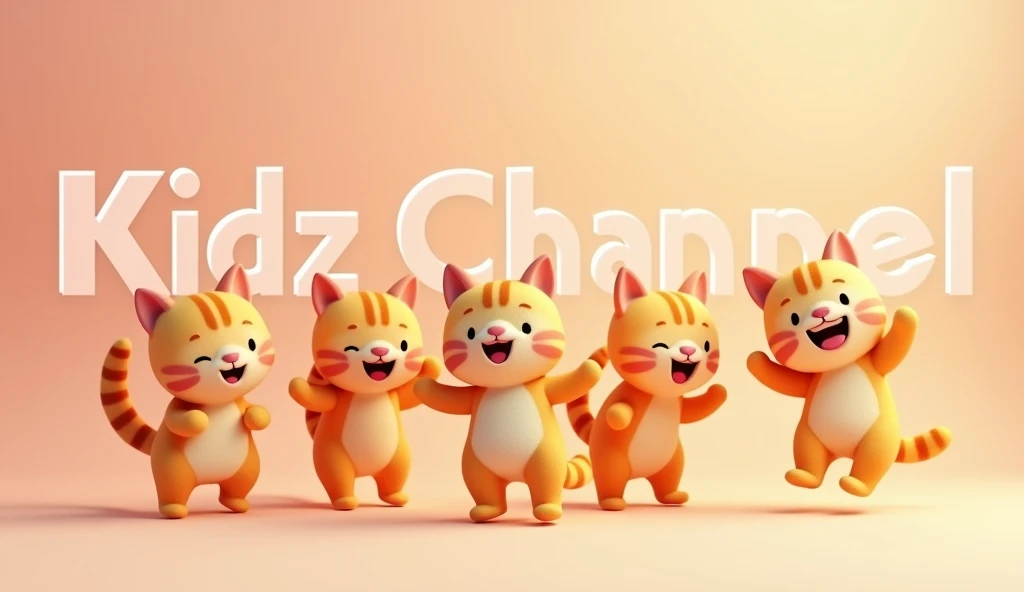 Youtube channel banner with image of a tabby cat and friends dancing, simple 3d style, simple, cute, with the words "Kidzy Channel"