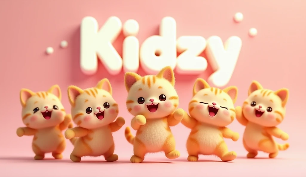 Youtube channel banner with image of a tabby cat and friends dancing, simple 3d style, simple, cute, with the words "Kidzy Channel"