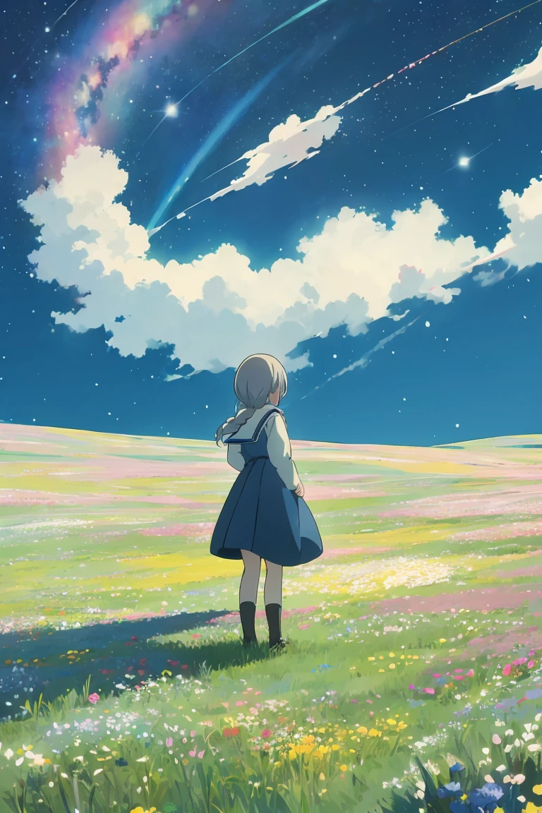 A girl on a meadow,おおぞらにまたたくstar,star,milky way,I look up and see,masterpiece,Highest quality,Highest quality,最高masterpiece,Detailed anime art,Digital Art,