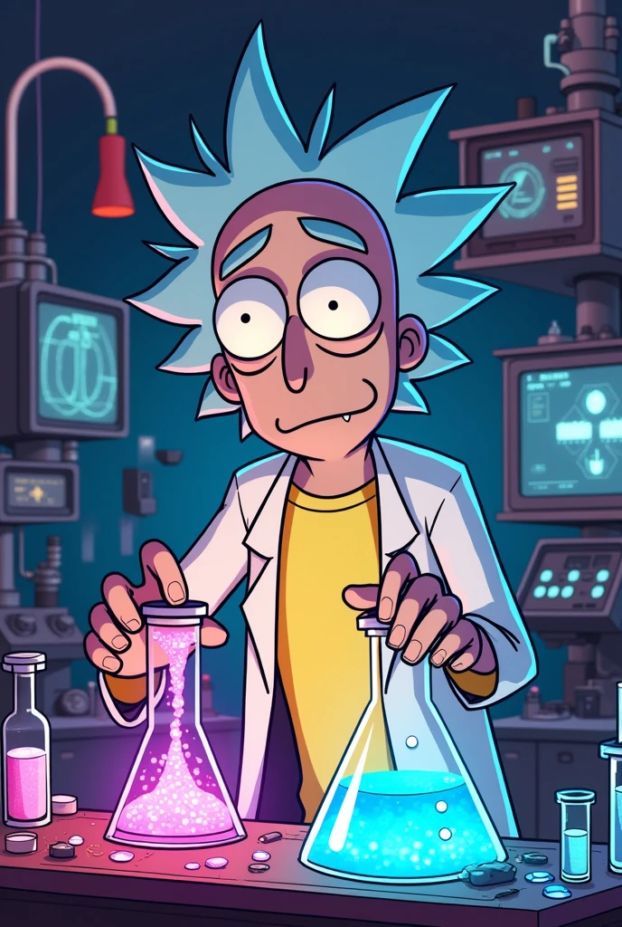 I created a 90s fantasy cartoon version of Rick Sanchez from Rick and Morty, scientific experiments with human DNA, vibrant cyberpunk style colors