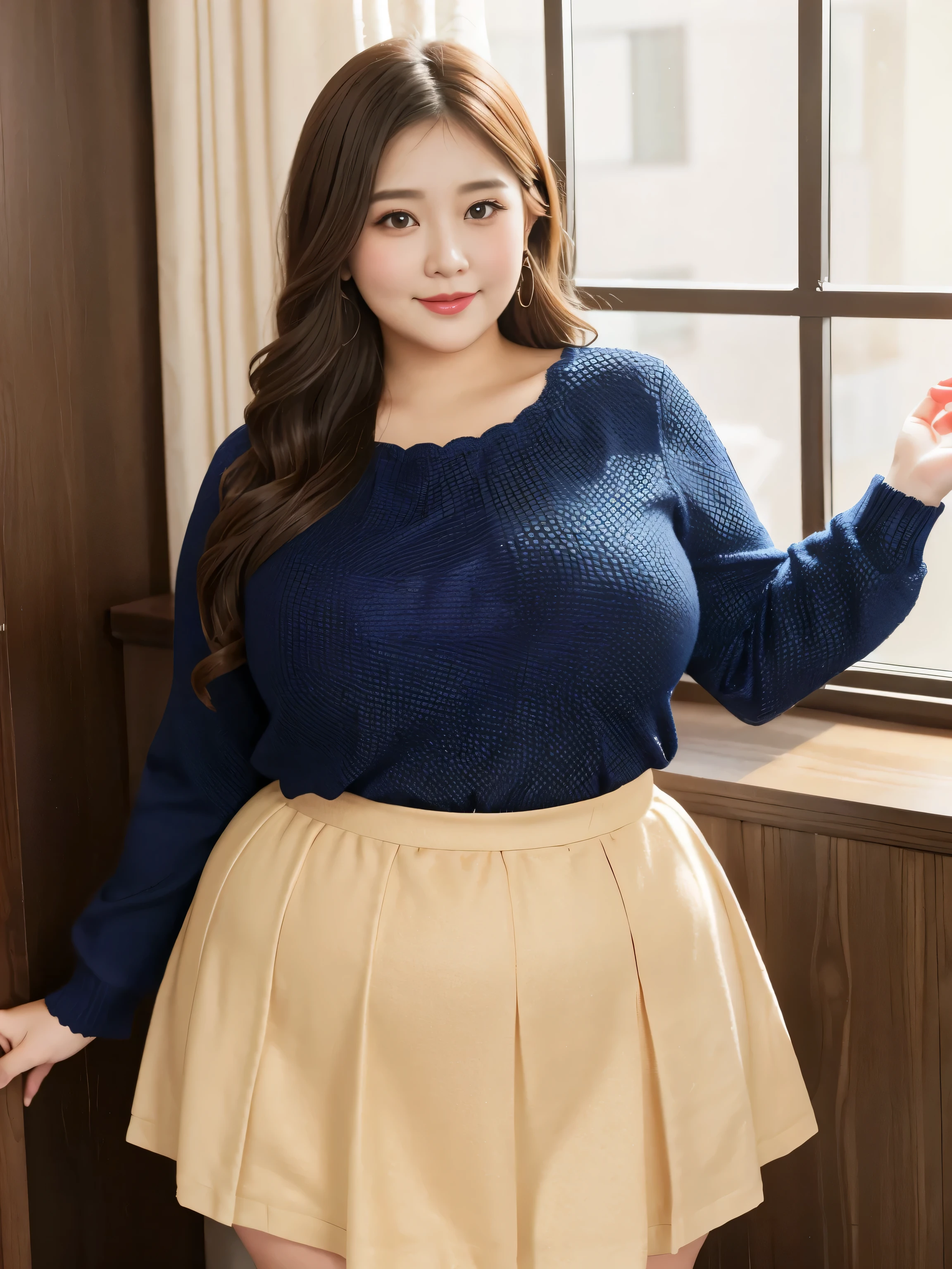 1 girl, Obese, Large Breast Size, Large waist、Round face, Double chin, （Overweight）, Medium Hair , Long sleeve knit、Lace gauze skirt ，looking at the camera，In the room、((Show off your beautiful stuff:1.3))