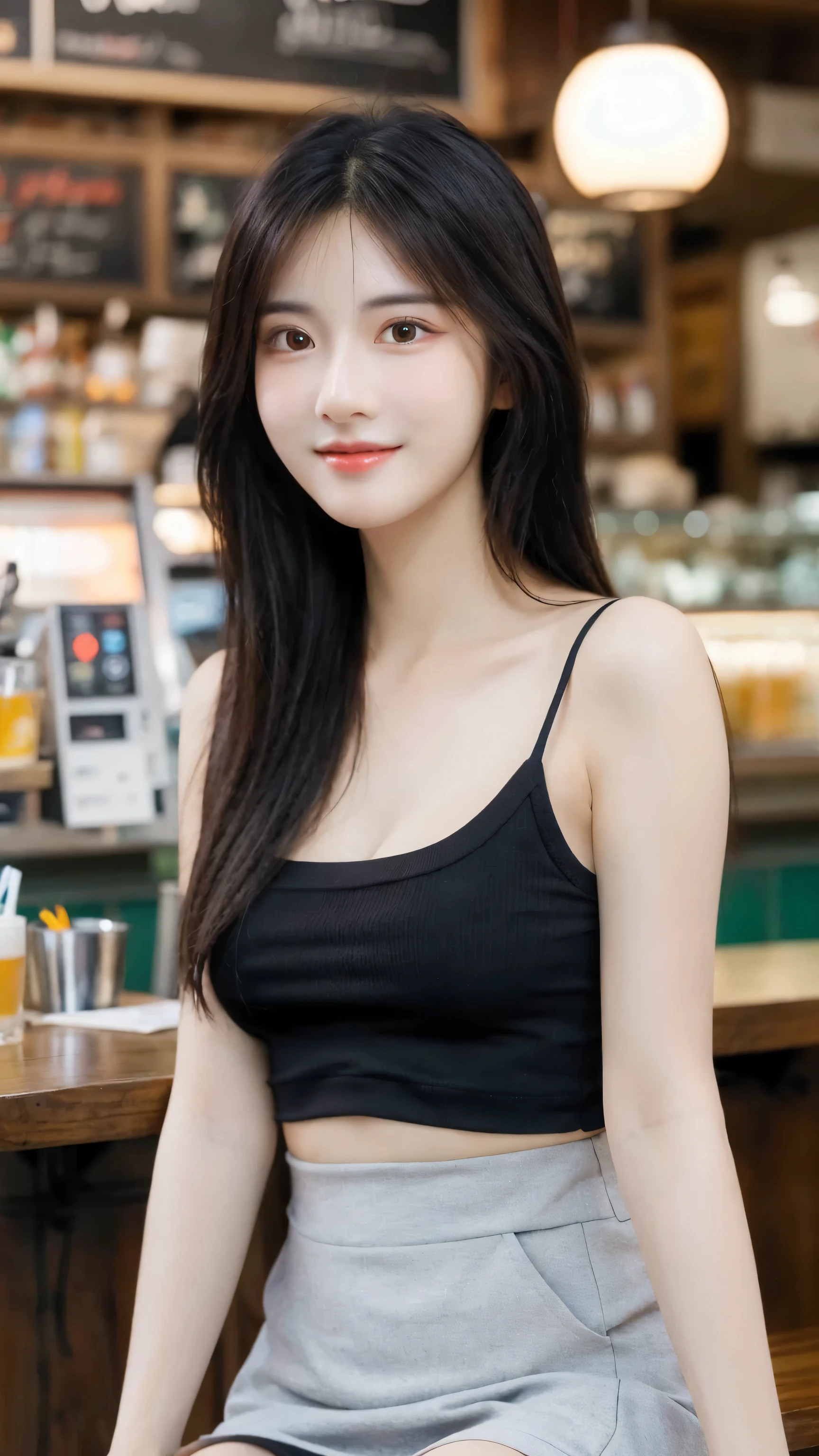 (8k, RAW Photo, Best Quality, Masterpiece:1.2), table top, Ultra Detail, Super Resolution, (Realistic, Realistic Photo:1.37), Portrait, High Detail RAW Color Photo, Professional Photo, Extremely Detailed and Beautiful, Extremely detailed, 8k wallpaper, amazing and detailed, huge file size, official art, highly detailed CG unity 8k wallpaper, highly detailed beautiful girl, highly detailed face, highly detailed eyes, highly detailed skin, highly detailed fingers, highly detailed nose, very detailed detailed mouth , perfect anatomy, highly detailed background, highly detailed clothes, 1girl, ,cute girl, realistic body, fair skin, glowing skin , slim body, handsome body, black hair , Semilong hair, (blunt bangs:1.2), smile, cute, youthful, cute face, realistic face, delicate eyes, drooping eyes, looking at viewer, standing posture, Contraposto, dynamic lighting, (medium breasts), (Perfect Body Proportions), (slender Body Proportions), (tank top), (mini skirt), (Inside the pub),