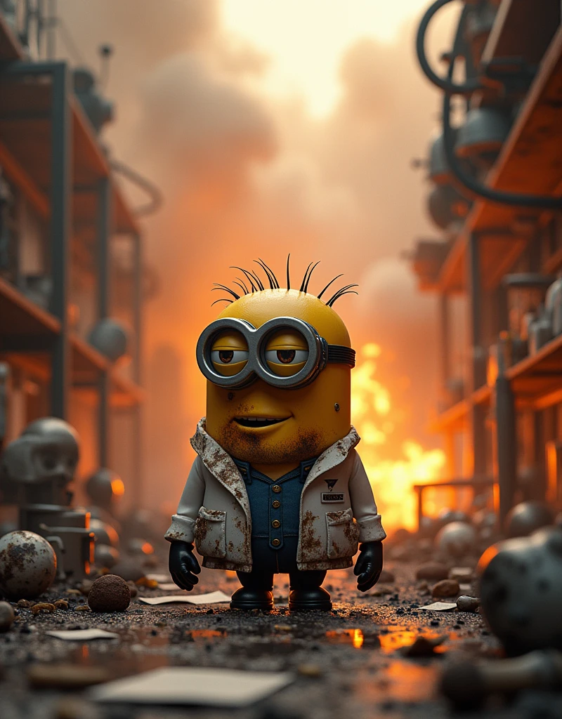Other scientists stood watching. .Minion scientist Kevin in scientist suit. came out of the lab explosion fire covered in dust with burn marks.The surrounding scene was ruined and covered in sticky smoke.