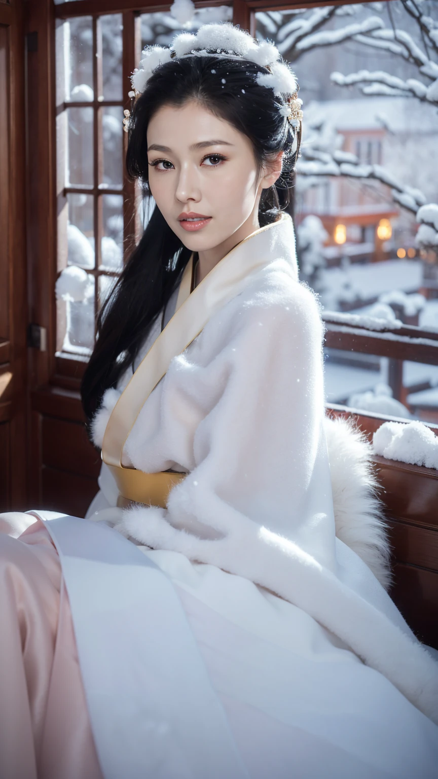 1 Fashion Model [[[[close up]]]], [[[[neck]]]], [[[[Shoulder]]]], (((Complete head)))，(((Complete hairstyle)))，Perfect eyes, Perfect Iris，Perfect lips，Perfect Teeth，Perfect skin，White skin，Soft headlights，High-density imaging，Black long hair，（Clean and delicate face），((White fur winter hanfu))，((Half-length photo))，((There is snow outside the window))，(winter))，((Various dynamic poses))，((The background is indoor))，best quality，masterpiece，（Soft colors：1.2）
