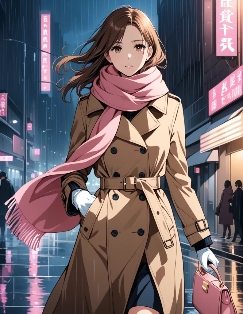 Masterpiece, hd, 1girl with long brown hair wearing a fully buttoned up closed and beige belted buckle knee-length trench coat with by a tucked up large pink winter wool scarf and white gloves carrying her large pink purse blown by the hard wind at the hard rainy night city street full body 8k)