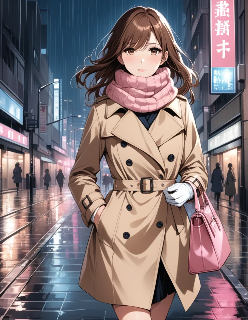 Masterpiece, hd, 1girl with long brown hair wearing a fully buttoned up closed and beige belted buckle knee-length trench coat with by a tucked up large pink winter wool scarf and white gloves carrying her large pink purse blown by the hard wind at the hard rainy night city street full body 8k)