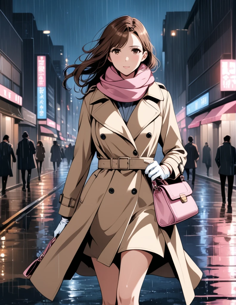 Masterpiece, hd, 1girl with long brown hair wearing a fully buttoned up closed and beige belted buckle knee-length trench coat with by a tucked up large pink winter wool scarf and white gloves carrying her large pink purse blown by the hard wind at the hard rainy night city street full body 8k)