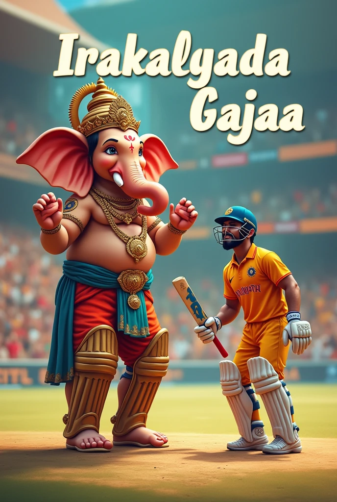 lord Ganesh and Virat Kohli playing cricket add text IRAKALGADA GAJAA coming soon text