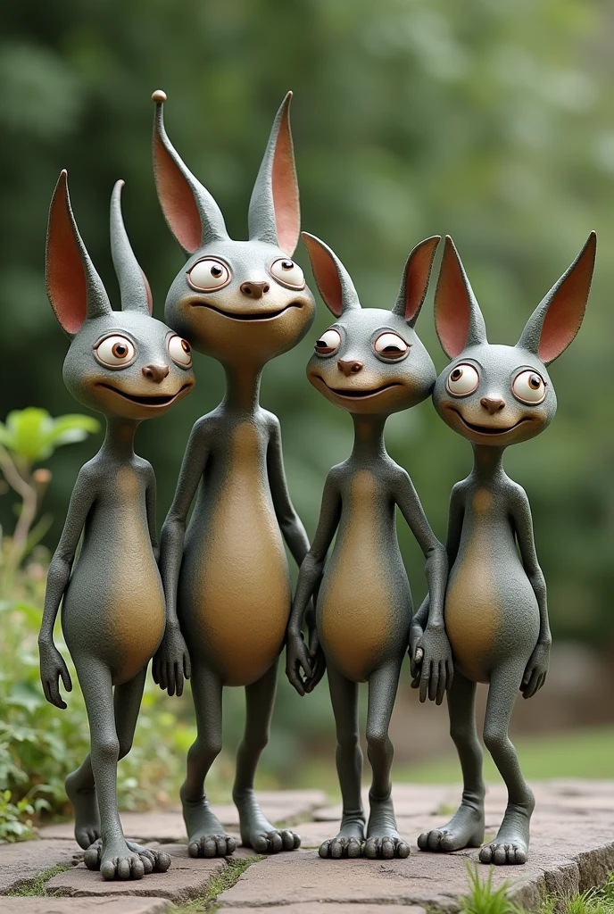 4 chivi character-shaped statues holding hands walking sideways together