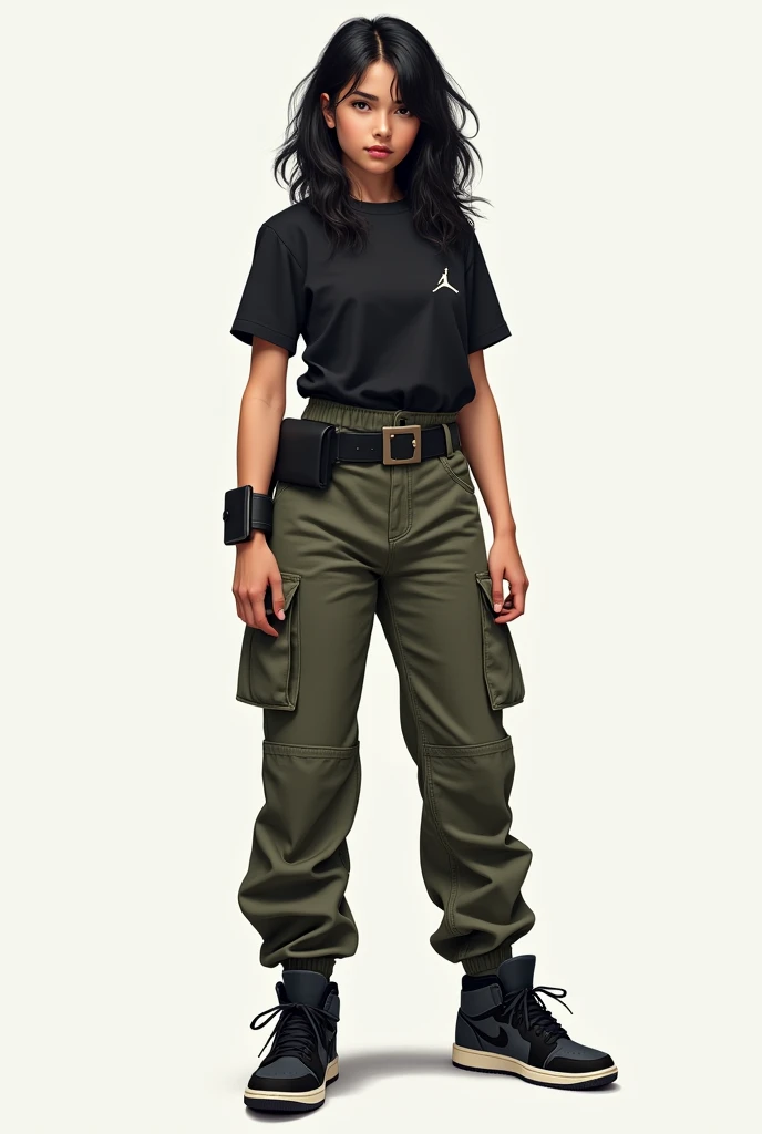 A girl with dark wavy hair wearing military pants, a black shirt and some Jordans